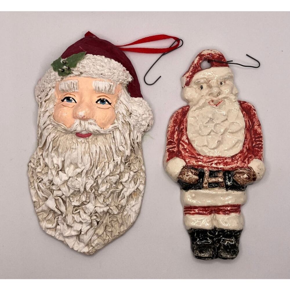 Christmas Lot of 2 Ornaments, Santa Clause, Ceramic, Paper Mache (?), Hook, VTG
